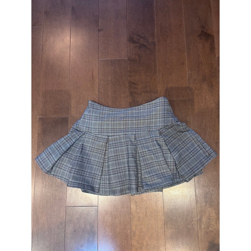 Womens Grey Plaid Pleated Mini Skirt Preppy Checkered Schoolgirl Box Pleat Skirt